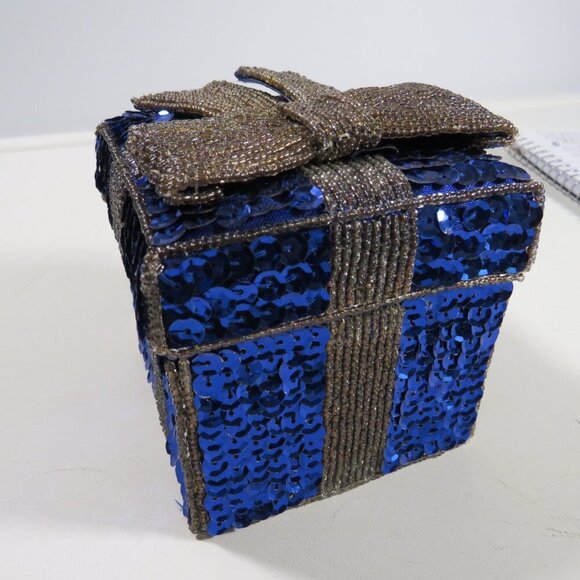 Sequence & Tarnished Silver Beaded Covered Box Ornament in Cobalt Blue 90s - Picture 3 of 7